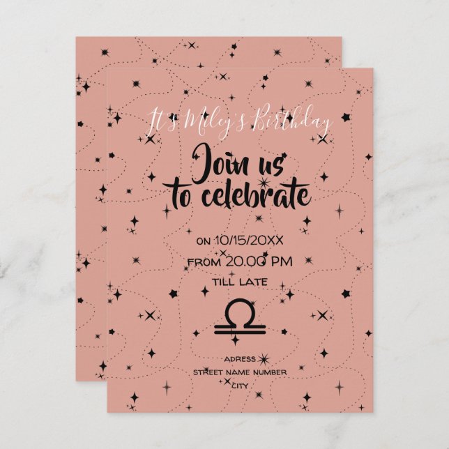 celestial Libra rose black stars birthday invite  (Front/Back)