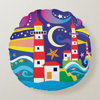 Celestial Lighthouses Round Cushion
