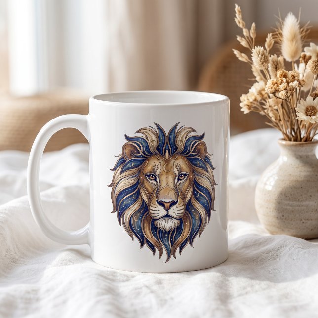 Celestial Lion Mug Gold & Blue Luxury Line Art (Creator Uploaded)