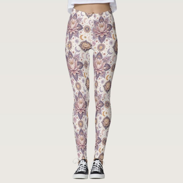 Celestial Lotus Mandala Spiritual Design Pattern Leggings (Front)