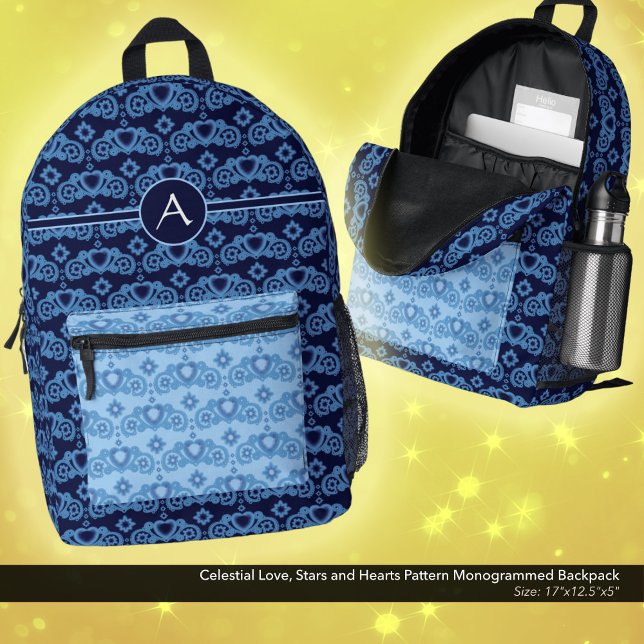Celestial Love Stars Hearts Pattern Monogrammed Printed Backpack (Celestial Love, Stars and Hearts Pattern, Monogrammed Backpack in Dark Blue and Light Blue.)
