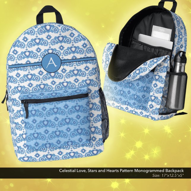 Celestial Love Stars Hearts Pattern Monogrammed Printed Backpack (Celestial Love, Stars and Hearts Pattern, Monogrammed Backpack in White and Light Blue.)