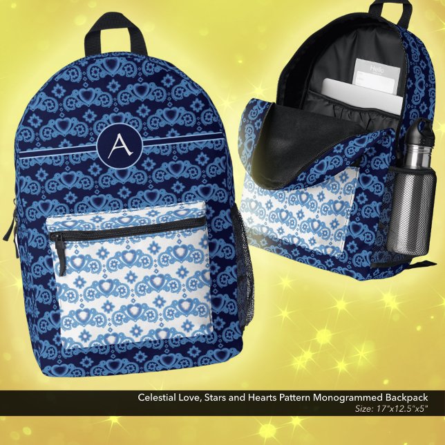 Celestial Love Stars Hearts Pattern Monogrammed Printed Backpack (Celestial Love, Stars and Hearts Pattern, Monogrammed Backpack in Dark Blue and White.)