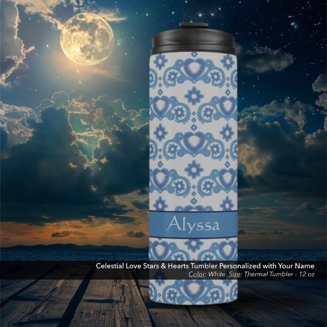 Celestial Love Stars Hearts White Light Blue Thermal Tumbler (Celestial Love Stars and Hearts White Thermal Tumbler Personalized with Your Name)