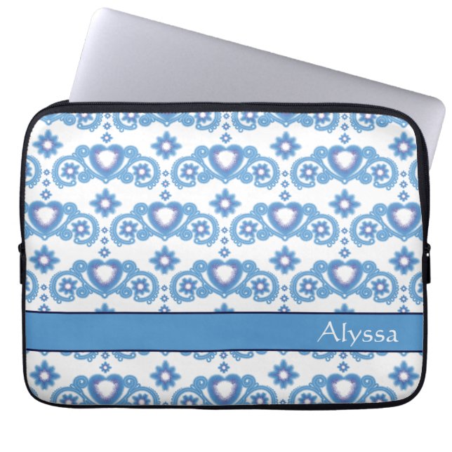 Celestial Love Stars Hearts White Pattern Name Laptop Sleeve (Front)