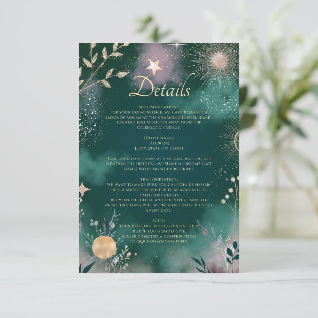 Celestial Magic Moon & Stars Emerald Details Enclosure Card (Standing Front)