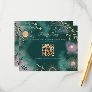 Celestial Magic Moon & Stars Emerald QR Code RSVP Enclosure Card