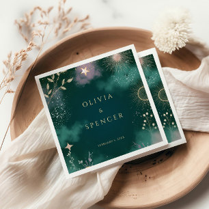 Celestial Magic Moon & Stars Emerald Wedding Napkin
