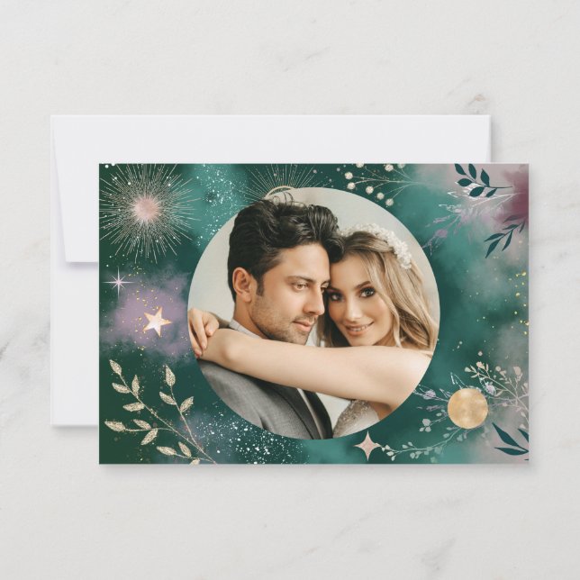 Celestial Magic Moon & Stars Emerald Wedding Thank You Card (Back)