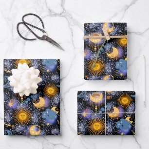 Celestial Magical Pattern Moon Stars Sun Black Sky Wrapping Paper Sheet
