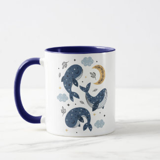 Celestial Magical Whales and Stars Blue Two-Tone Mug