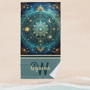 Celestial Mandala Moon Galaxy Teal Gold Monogram Beach Towel