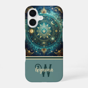 Celestial Mandala Moon Galaxy Teal Gold Monogram iPhone 16 Case