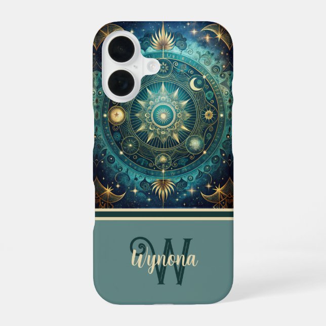 Celestial Mandala Moon Galaxy Teal Gold Monogram iPhone 16 Case (Back)
