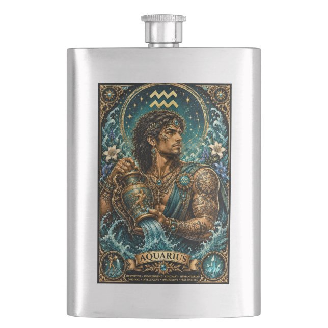  Celestial Masculine Zodiac Aquarius design Hip Flask (Front)