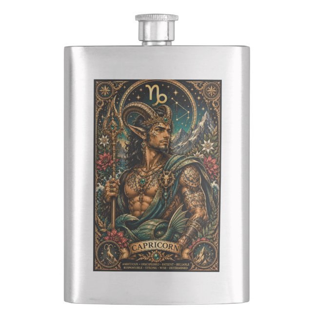  Celestial Masculine Zodiac Capricorn design Hip Flask (Front)