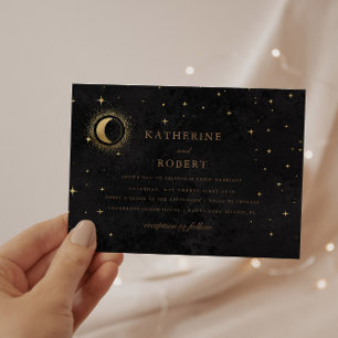 Celestial Midnight Black Crescent Moon Wedding   Invitation