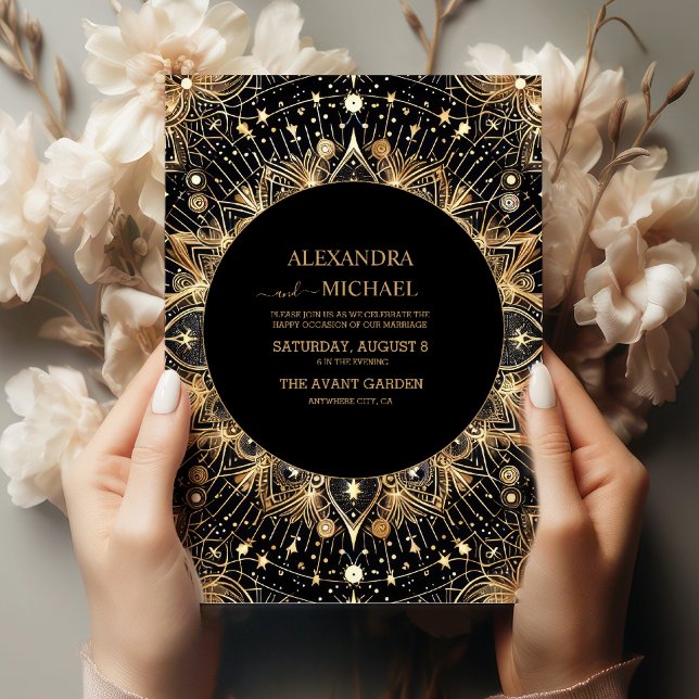 Celestial Midnight Black Crescent Moon Wedding Invitation (Creator Uploaded)