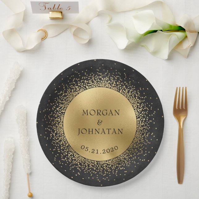 Celestial Midnight Black Gold Moon Paper Plate (Wedding)