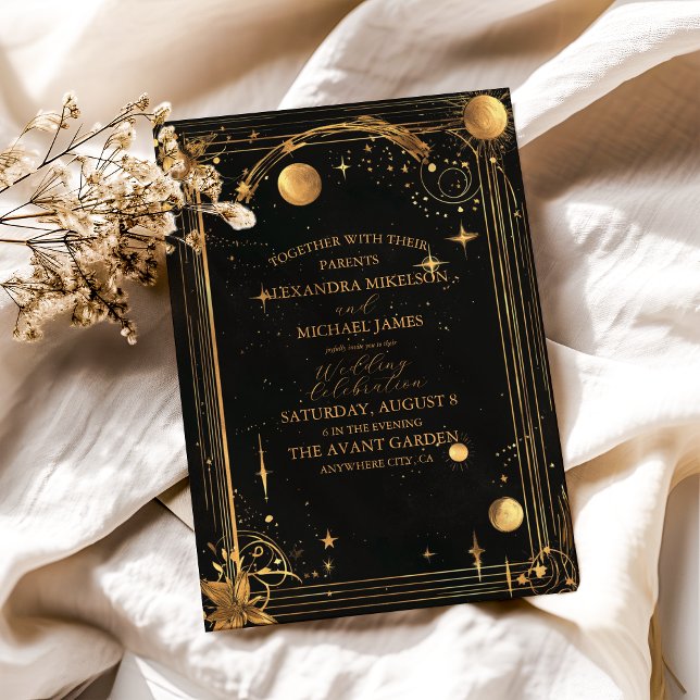 Celestial Midnight Black Stars Moon Wedding Invitation (Creator Uploaded)