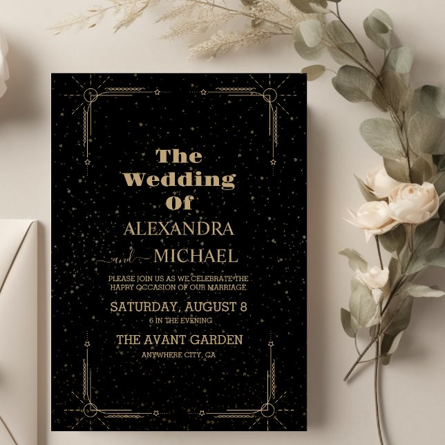 Celestial Midnight Black Stars Moon Wedding Invitation (Creator Uploaded)