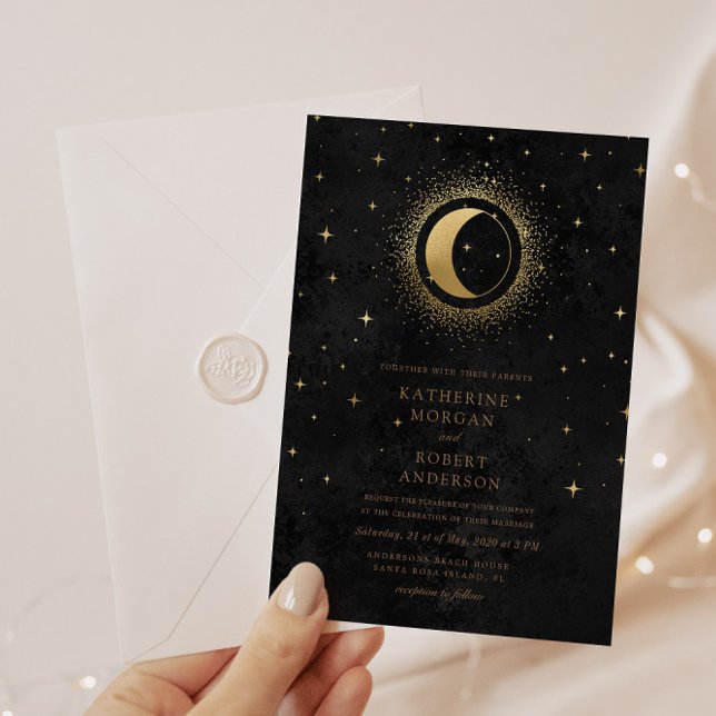 Celestial Midnight Black Stars Moon Wedding Invitation (Creator Uploaded)