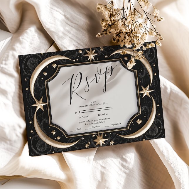 Celestial Midnight Black Stars Moon Wedding RSVP Card (Creator Uploaded)