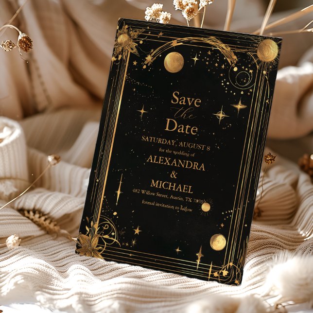 Celestial Midnight Black Stars Moon Wedding Save The Date (Creator Uploaded)