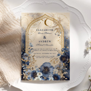 Celestial Midnight Blue and Gold Wedding Invitation