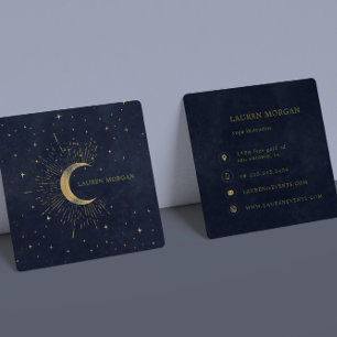 Celestial Midnight Blue Crescent Moon Square Business Card