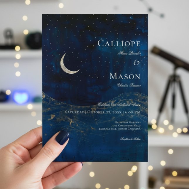 Celestial Midnight Blue Crescent Moon Wedding Invitation (Creator Uploaded)