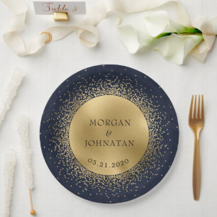 Celestial Midnight Blue Gold Moon Paper Plate