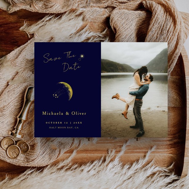 Celestial Midnight Blue Gold Moon Photo Wedding Save The Date (Creator Uploaded)