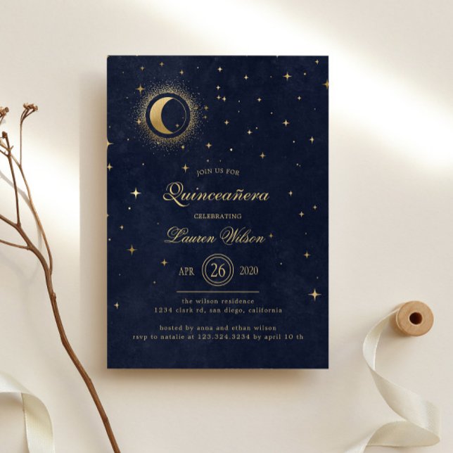 Celestial Midnight Blue Gold Stars Quinceanera Invitation (Creator Uploaded)