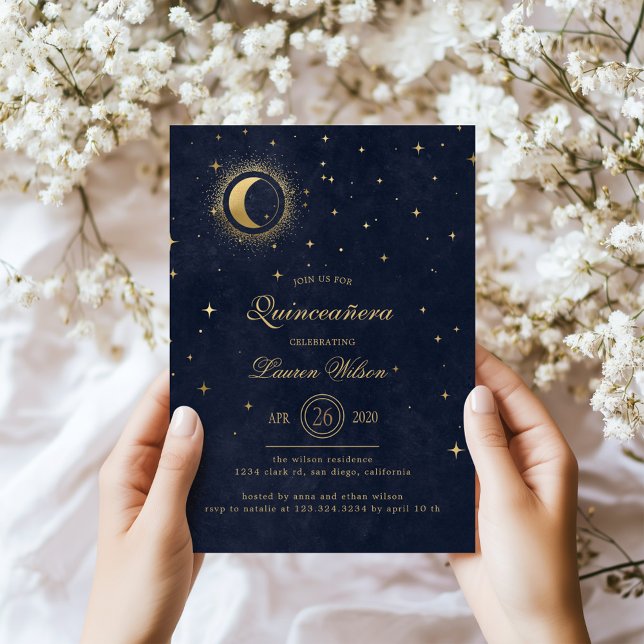 Celestial Midnight Blue Gold Stars Quinceanera Invitation (Creator Uploaded)
