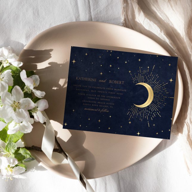 Celestial Midnight Blue Gold Stars Wedding Invitation (Creator Uploaded)