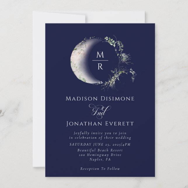 Celestial Midnight Blue Moon Wedding  Invitation (Front)