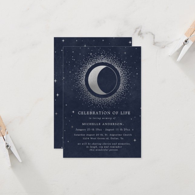 Celestial Midnight Blue Stars Celebration of Life Invitation (Front/Back In Situ)