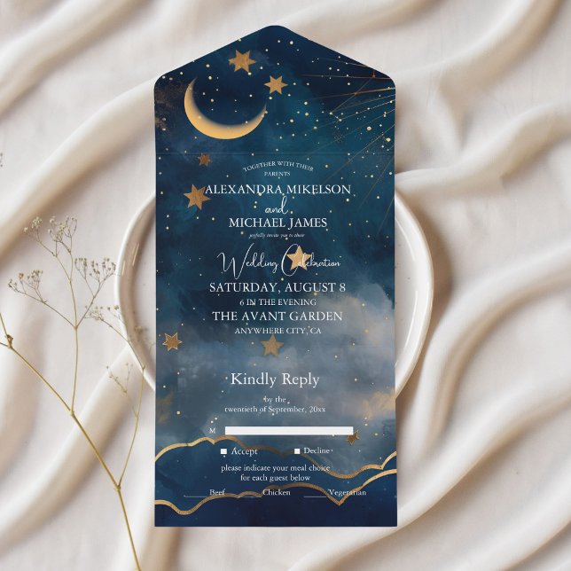 Celestial Midnight Blue Stars Moon Wedding All In One Invitation (Creator Uploaded)