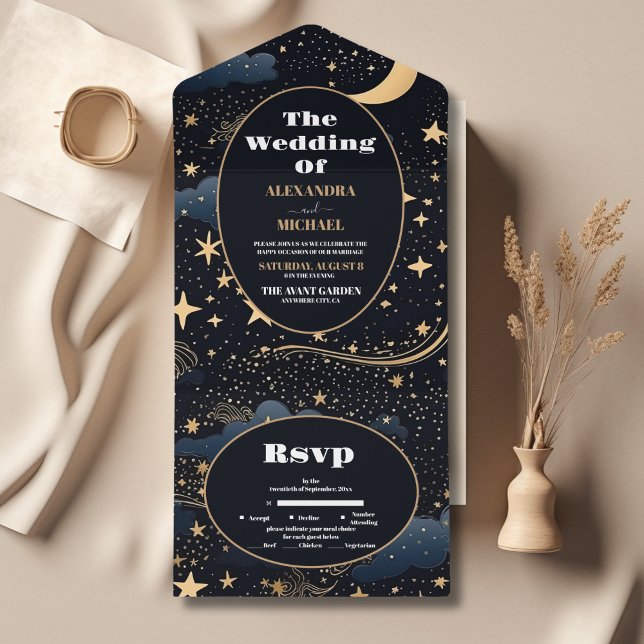 Celestial Midnight Blue Stars Moon Wedding All In One Invitation (Creator Uploaded)