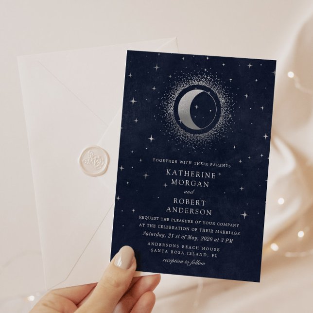 celestial midnight blue stars moon Wedding Invitat Invitation (Creator Uploaded)