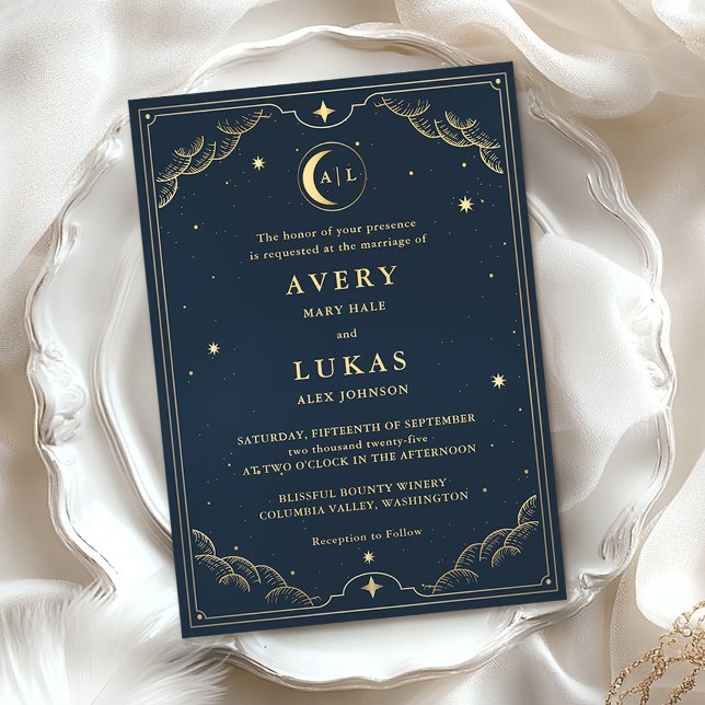 Celestial Midnight Blue Stars Moon Wedding Invitation (Creator Uploaded)