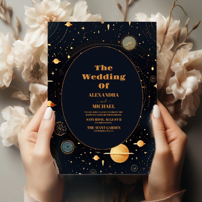 Celestial Midnight Blue Stars Moon Wedding Invitation (Creator Uploaded)