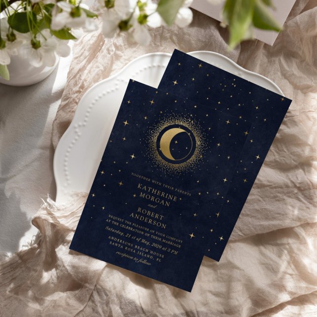 Celestial Midnight Blue Stars Moon Wedding Invitation (Creator Uploaded)