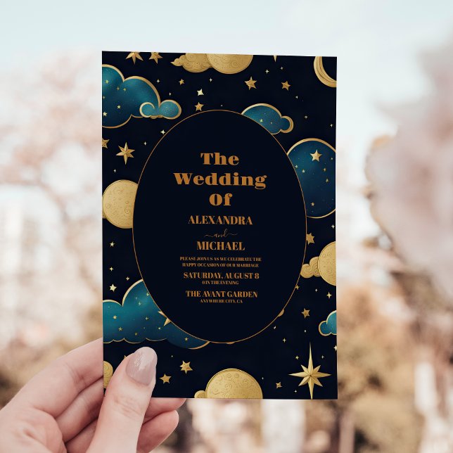 Celestial Midnight Blue Stars Moon Wedding Invitation (Creator Uploaded)
