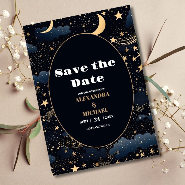 Celestial Midnight Blue Stars Moon Wedding Save The Date (Creator Uploaded)