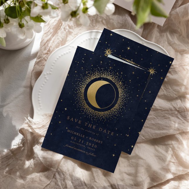 Celestial Midnight Blue Stars Photo Save The Date Invitation (Creator Uploaded)