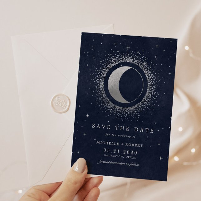 Celestial Midnight Blue Stars Photo Save The Date Invitation (Creator Uploaded)