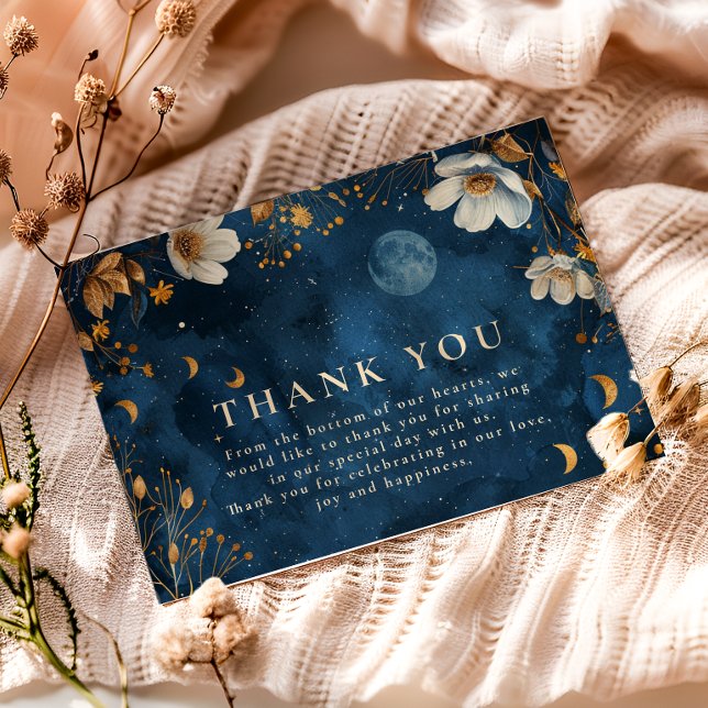 Celestial Midnight Floral Wedding Thank You Card (Creator Uploaded)