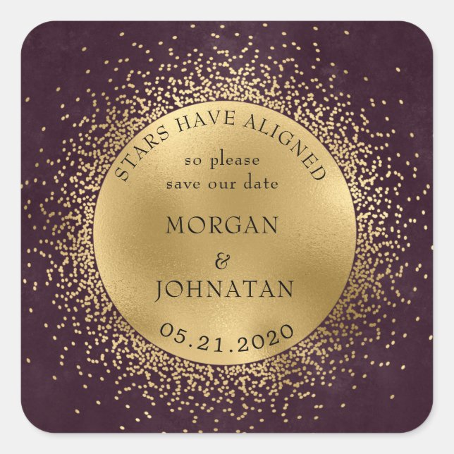 celestial midnight gold moon  save the date square sticker (Front)